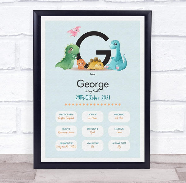 The Card Zoo New Baby Birth Details Christening Nursery Dinosaur Initial G Gift Print