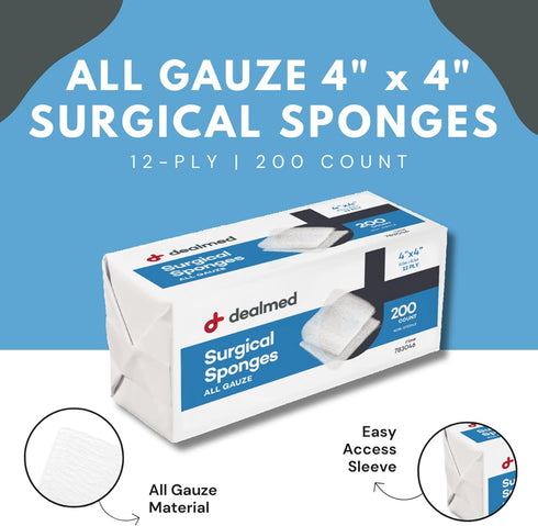Dealmed 4" x 4" Surgical Sponges, 12-Ply Absorbent Woven Gauze Pads, 200 Count for First Aid