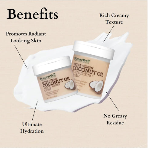 NATURE WELL Extra Virgin Coconut Oil Moisturizing Cream for Face, Body, & Hands, Anti Aging, Firming, Restores Skin's Moisture Barrier, Provides Intense Hydration for Dry & Dull Skin, 10oz