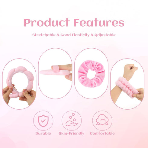 7Pcs Puffy Spa Headband and Wristband Set, Skincare Headband for Washing Face, Makeup Removal Accessories (Pink)