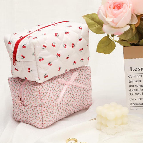 Quilted Makeup Bag, Floral Cosmetic Bag, Cute Handmade Aesthetic Pink Toiletry Bag for Women, Flower Coquette