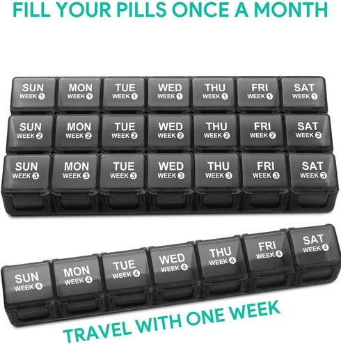 TookMag Monthly Pill Organizer - 28 Day Travel Medicine Pill Box, Large 4 Weeks 1 Month Cases with Dust-Proof Container
