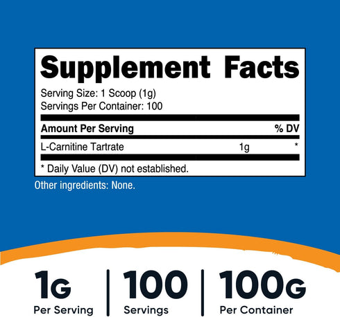 Nutricost L-Carnitine Tartrate Powder, 100 Grams, 1 Gram per Serving, 100 Servings