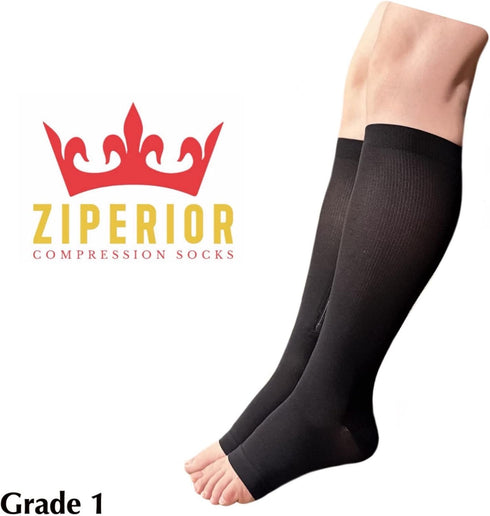Ziperior 15-20 mmHg Open Toe Compression Grade Calf Pain Leg Inside Zipper Socks