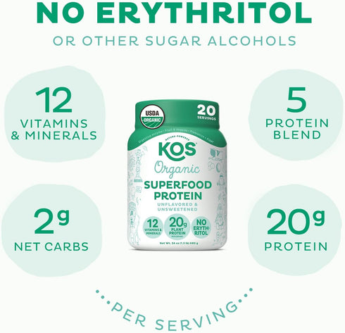 KOS Vegan Protein Powder, Unflavored & Unsweetened, Low Carb Pea Protein Blend, Organic Superfood, Meal Replacement for