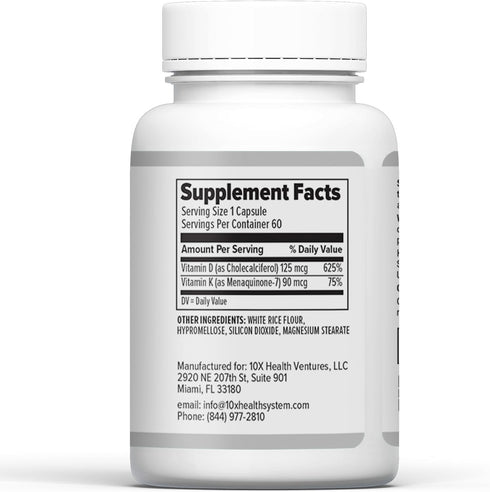 10X Health Vitamin D3 K2 - 125 mcg Vitamin D and 90 mcg Vitamin K Supplements for Bone Health, 60 Capsules