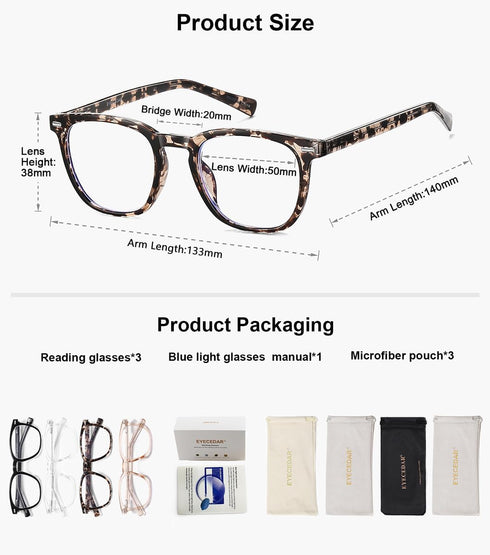 EYECEDAR 4-Pack Reading Glasses - Square Style Blue Light Readers for Women, Metal Spring Hinges, 2.00
