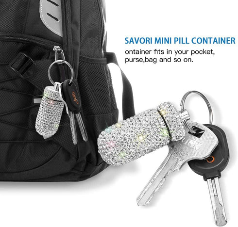 Portable Pill Case, Waterproof Pill Holder with Keychain, Bling Pill Box for Outdoor Travel