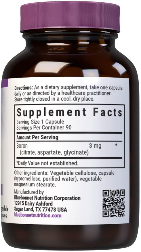 Bluebonnet Triple Boron 3 mg Trace Mineral Bone Support Supplement, 90 Vegetarian Capsules