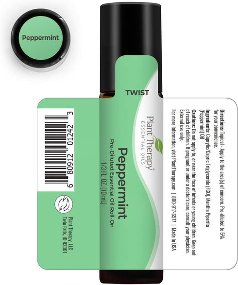 Plant Therapy Peppermint Essential Oil 100% Pure, Therapeutic Grade, Pre-Diluted Roll-On, 10 mL (1/3 oz)