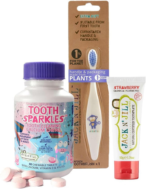 Jack N' Jill Brushing Essentials Combo Pack: Kids Toothbrush, Natural Certified Strawberry Toothpaste & Tooth Cleaning