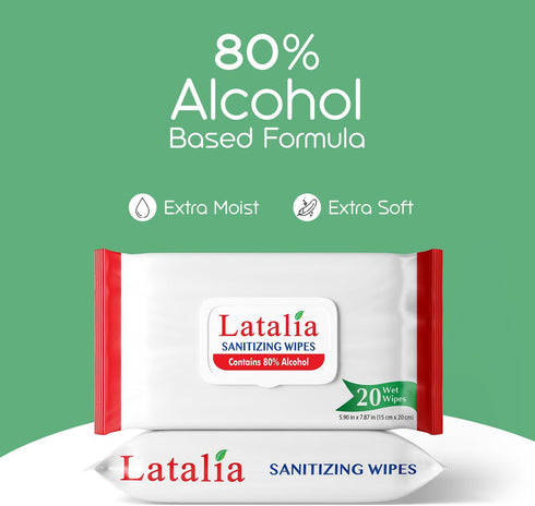 Pack 4 80% (20 Counts) Latalia Hand Wipes of | Alcohol Hand Sanitizer Wipes for Hands & Face Moisturizing, Gentle