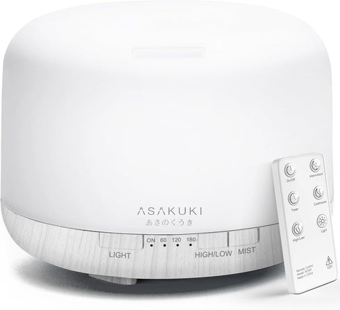 ASAKUKI 500ml Premium Essential Oil Diffuser with Remote Control, 5 in 1 Ultrasonic Vaporizer (White)