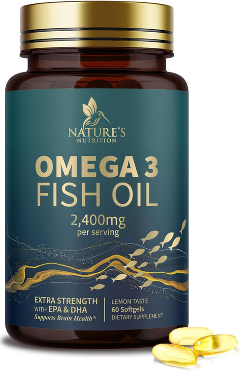 Triple Strength Omega 3 Fish Oil 60 Softgels, 2400 mg, Brain & Heart Health Support, EPA & DHA