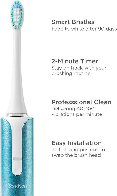 Soniclean Lux Sonic Toothbrush for Adults, Rechargeable with 6 Toothbrush Heads, Automatic Toothbrush, Aqua