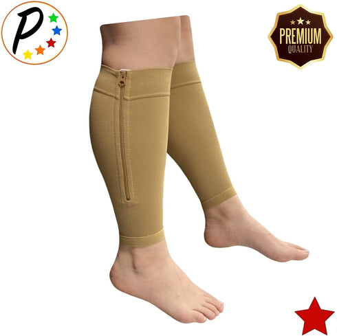Shin Premium 20-30 mmHg Firm Compression Leg Calf Sleeve With Zipper (Beige, 2X-Large)