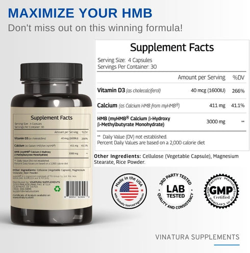 HMB 3000mg and Vitamin D3 Supplement - Promotes Muscle Growth & Recovery, 120 Capsules, 30 Servings