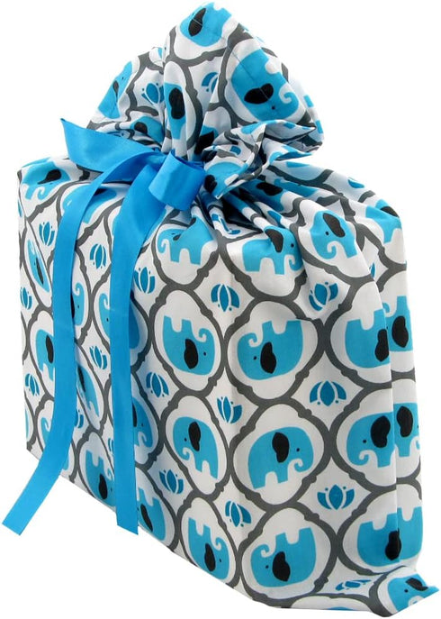 VZWraps Elephants Reusable Fabric Gift Bag for Baby Shower, Child’s Birthday, or Any Occasion (Medium 17 Inches Wide by 18.5 Inches High, Turquoise Blue)