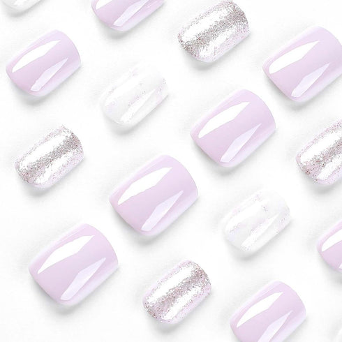 Square Press on Nails, Short Fake Nails with Glitter and Marbling Design, 24Pcs for Women Manicure
