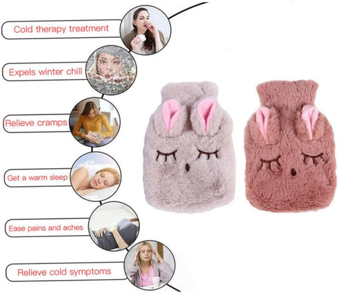 Pineeseatile Hot Water Bag Hot Water Bottle Cartoon Rubber Feet Warmer Water Heating Pad with Plush Cover Beige Plush