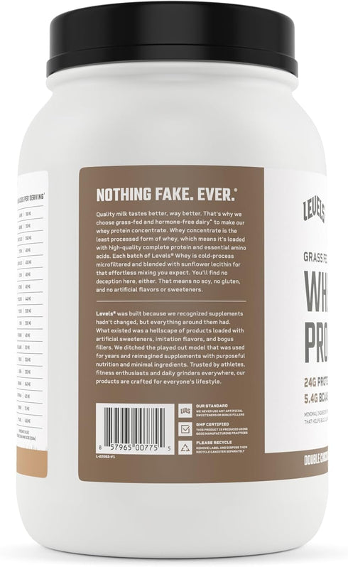Levels Grass Fed Whey Protein Powder - No Artificials, 24G Protein, Double Chocolate, 2LB