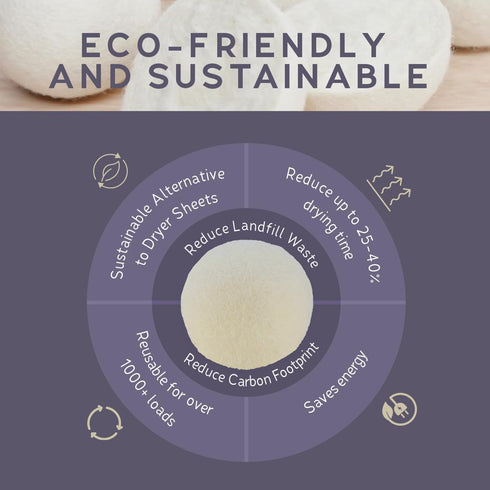 Wool Dryer Balls, 6 Pack - Natural Fabric Softener for Laundry, 100% Organic, Reusable for 1000+ Loads, Baby Safe