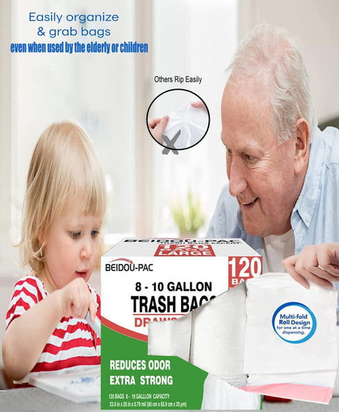 8-10 Gallon Drawstring Trash Bags, 120 Count, Heavy Duty White Plastic Garbage Bags, Odorless, Multifold Roll for
