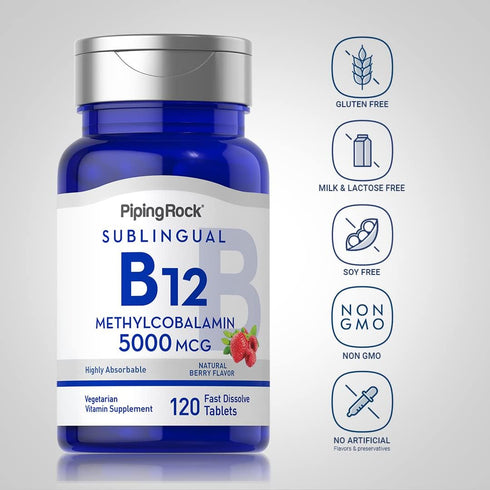Piping Rock B12 Sublingual, Methylcobalamin, 5000 mcg, 120 Tablets, Berry Flavor, Vegetarian, Non-GMO, Gluten Free