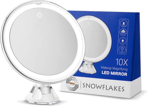 Snowflakes 10x Magnifying Lighted Makeup Mirror with Lights, Suction Cups, 360° Swivel, Touch Control