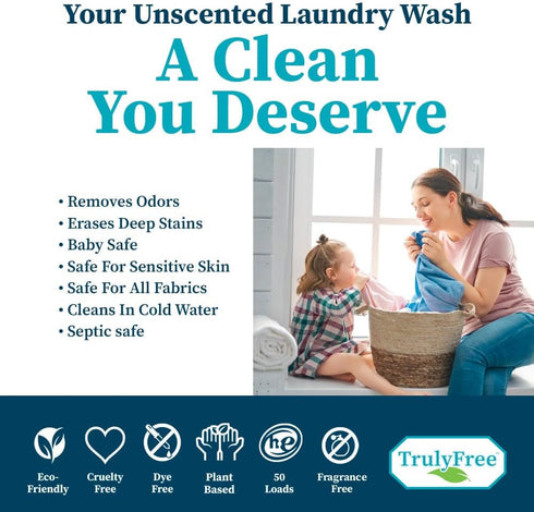 Laundry Wash Detergent for Sensitive Skin, Gentle & Safe for Baby Clothes, Plant-Based, Natural Ingredients, Unscented,