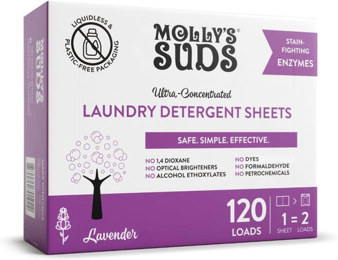 Molly’s Suds Laundry Detergent Sheets, 120 Loads, Liquidless & Plastic-Free Packaging (Lavender)