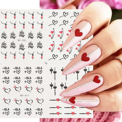 Valentine's Day Nail Art Stickers, Black Heart Water Transfer Decals, Simple Love Design for Women 12Pcs