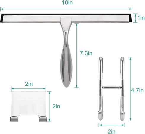 Shower Squeegee for Glass Doors, 10-Inch Sliver Squeegee for Shower Doors, Mirrors, Windows with Hooks