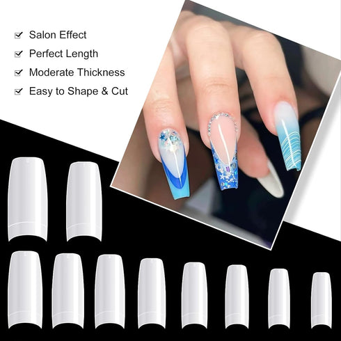 krofaue 500PCS French Style False Nails Tips, Acrylic Artificial Half Cover Manicure with Box of 10 Sizes (White)