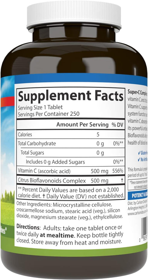 Carlson - Super-C Complex, Vitamin C + Bioflavonoids, Immune Function & Optimal Wellness, Antioxidant, 250 Vegetarian Tablets
