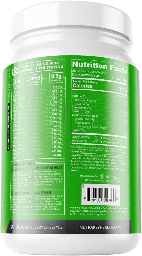 NutraKey V-Pro Raw Plant Protein Powder, Organic, Vegan, Low Carb, Gluten Free with 20g Protein (Chocolate, 2-Pound)