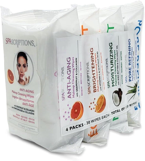 SpaScriptions Makeup Cleansing Wipes 30 CT, Variety 4 pack, 120 Count Total