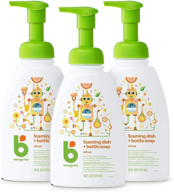 Babyganics Foaming Dish & Bottle Soap, Citrus, Plant-Derived Cleaning Power, 16 Fl Oz (Pack of 3)