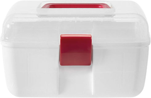 MyGift 10 Inch Portable White Plastic Storage Box with Removable Tray, Clear Lid, Red Handle and Latch Lock