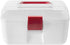 MyGift 10 Inch Portable White Plastic Storage Box with Removable Tray, Clear Lid, Red Handle and Latch Lock