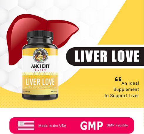 Ancient Bliss Liver Love - Natural Milk Thistle Liver Detox and Liver Health Cleanse Supplement - Support Healthy Liver in Men and Women - 60 Capsules - with Burdock, Dandelion, Cloves, and more