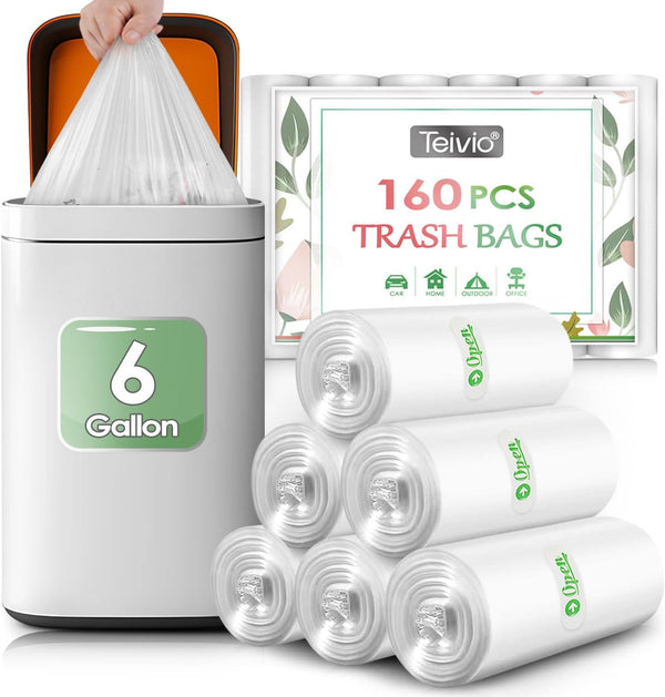 Teivio 6 Gallon 160 Counts Clear Strong Garbage Bags, Trash Bags for Bathroom Trash Can Bin Liners