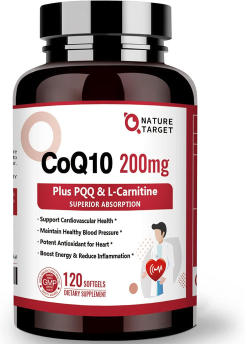 NATURE TARGET CoQ10-200mg with PQQ, L-Carnitine & Omega-3s - High Absorption Coenzyme-Q10, Supports Heart & Immune
