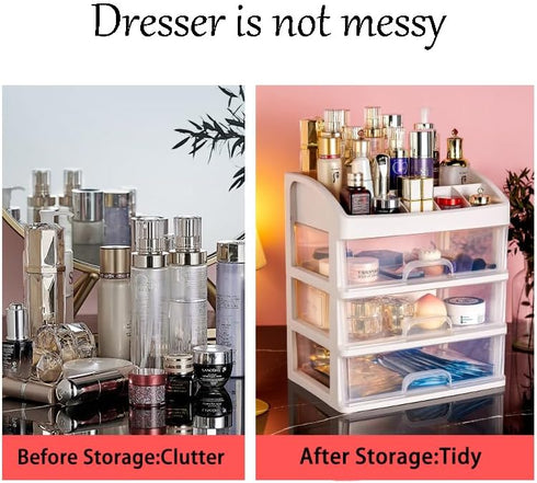Makeup Organizer with 3 Drawers, Plastic Storage for Vanity, Large Capacity Cosmetic Display Cases for Skin Care