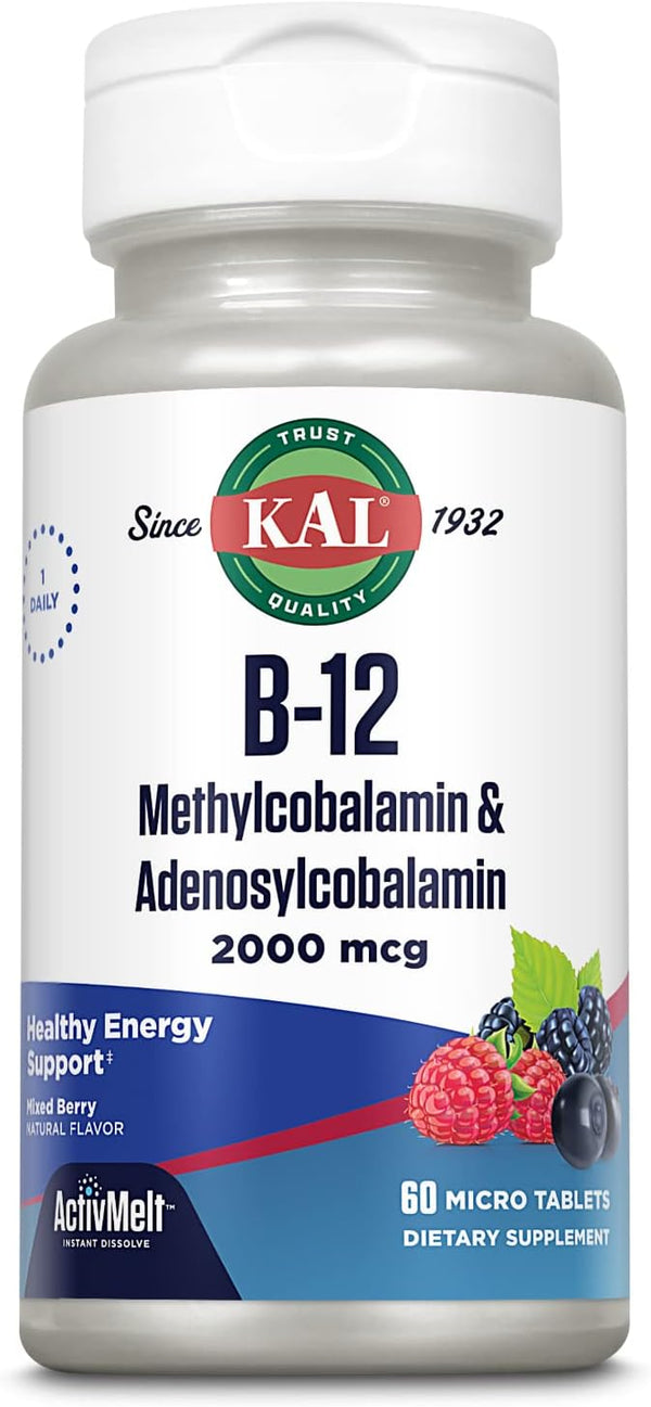 KAL Vitamin B12 Methylcobalamin and Adenosylcobalamin 2000 mcg ActivMelt, High Absorption, 60 Micro Tablets