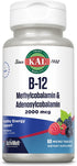 KAL Vitamin B12 Methylcobalamin and Adenosylcobalamin 2000 mcg ActivMelt, High Absorption, 60 Micro Tablets