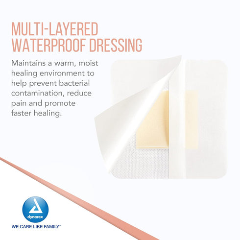 Dynarex Dynafoam Waterproof Bordered Adhesive Foam Wound Dressing Bandage, 10 Count, 4" x 4"