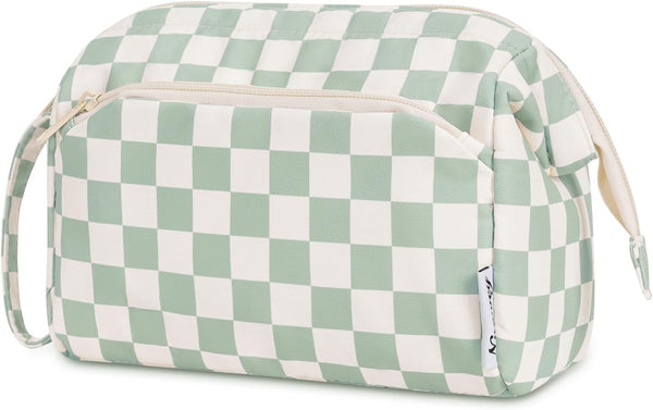 Narwey Large Mint Green Checkerboard Makeup Bag, Wide-open Travel Cosmetic Organizer