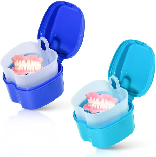 2 Pack Denture Bath Case Cup Holder with Strainer Basket for Travel Cleaning (Light Blue and Blue)