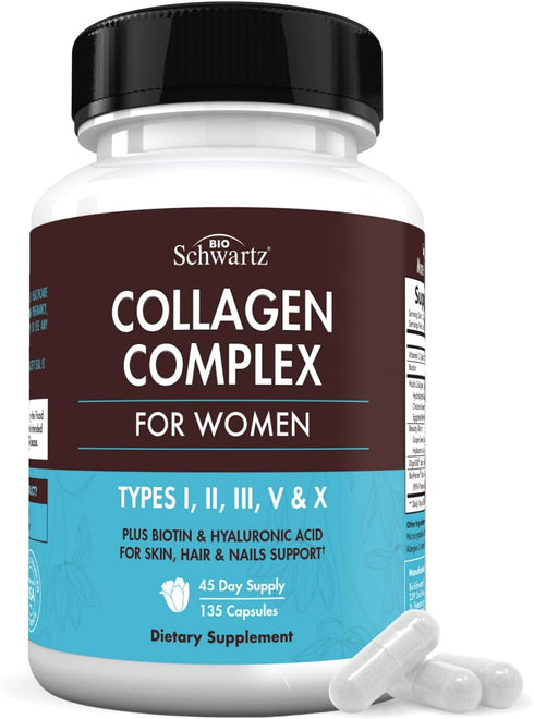 Multi Collagen Pills for Women, 135 Capsules | Types I II III V X with Vitamin C, Hyaluronic Acid, Biotin & Digestive